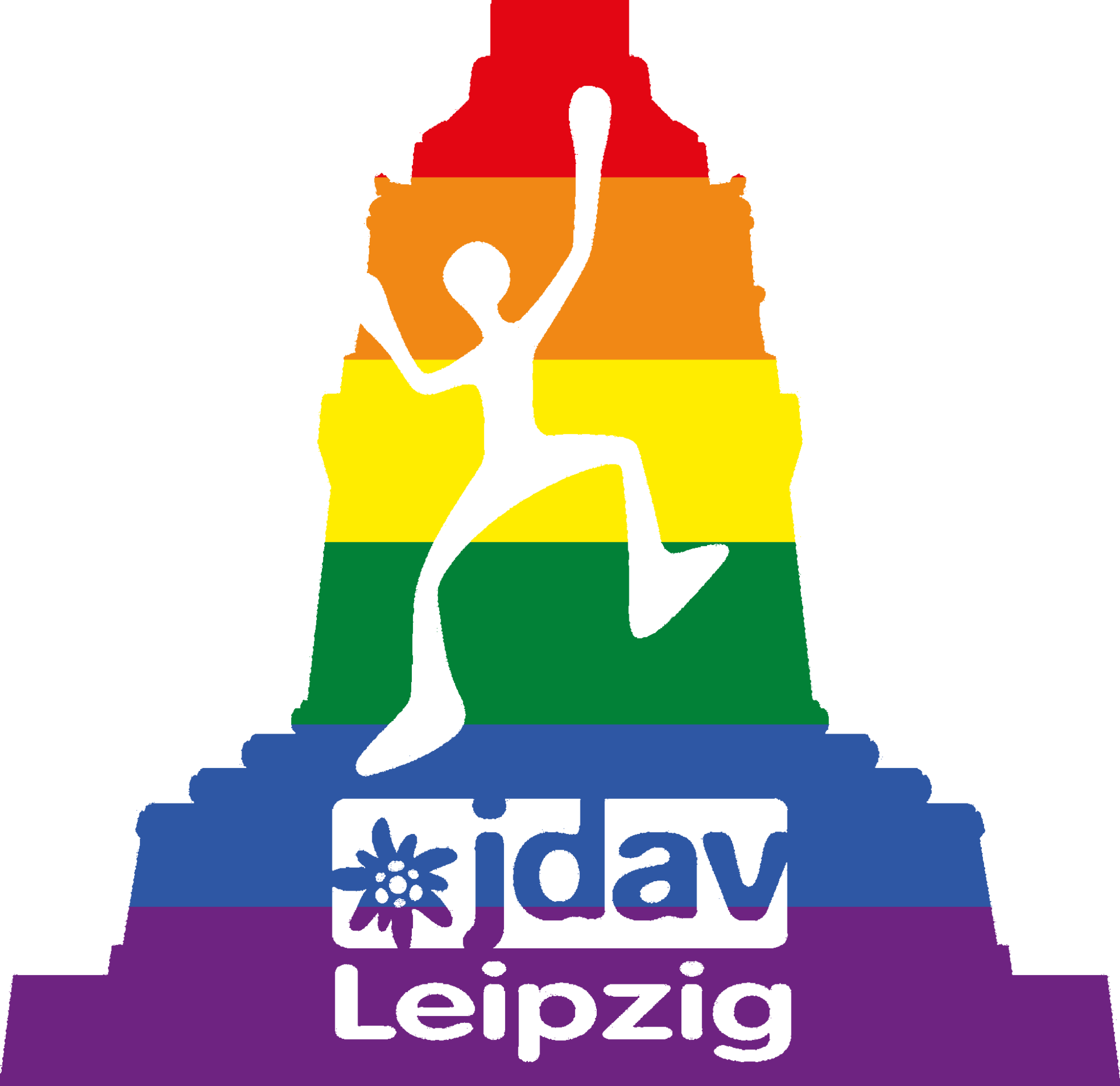 JDAV Leipzig Diversity | © Simon Weidel Das JDAV Leipzig Logo (eine an dem Völkerschlachtdenkmal kletternde Figur) in Regenbogen Farben | © Simon Weidel